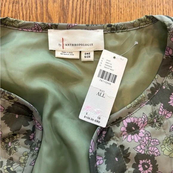 Anthropologie NWT Green Floral Quilted Ruffle Vest Tie Detail OS One Size NEW - Picture 10 of 11